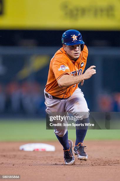 Houston Astros second baseman Jose Altuve heads to third base during the MLB Playoff ALDS game 1 between the Houston Astros and the Kansas City...
