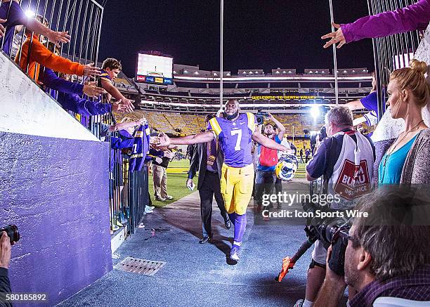 October 3; Eastern Michigan Eagles at LSU Tigers; LSU Tigers running back Leonard Fournette shakes hands with fans after a game in Baton Rouge,...