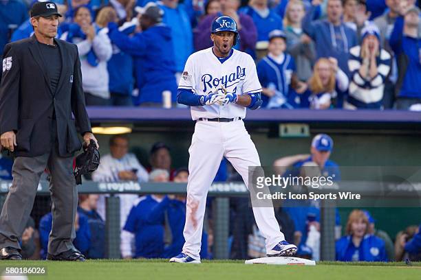 Kansas City Royals shortstop Alcides Escobar after hitting a triple during the MLB Playoff ALDS game 2 between the Houston Astros and the Kansas City...