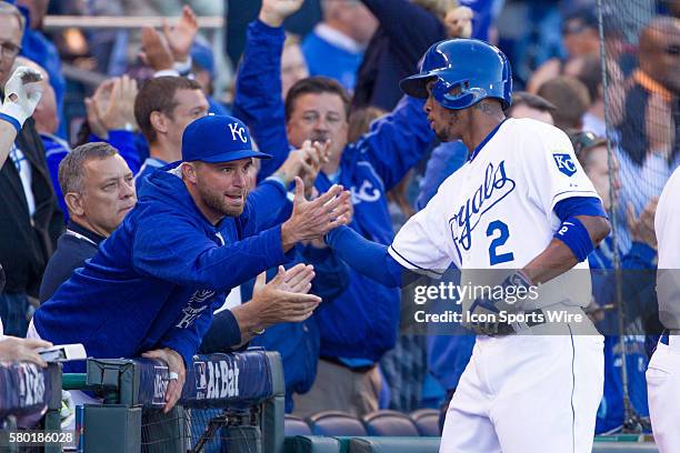 Kansas City Royals shortstop Alcides Escobar celebrates after scoring during the MLB Playoff ALDS game 2 between the Houston Astros and the Kansas...