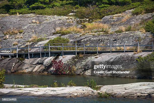 boardwalk on the rocks - parry sound stock pictures, royalty-free photos & images