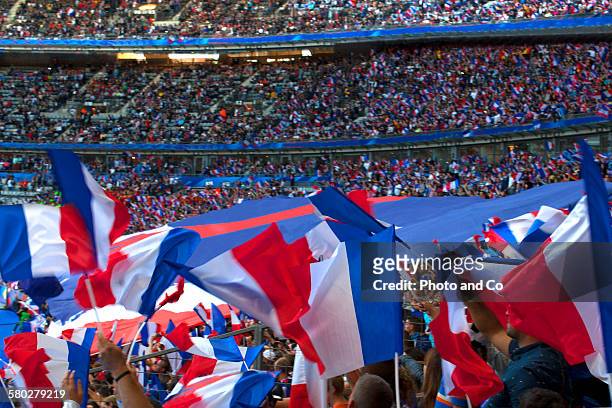 french flag held up by fans at stadium - france stock pictures, royalty-free photos & images