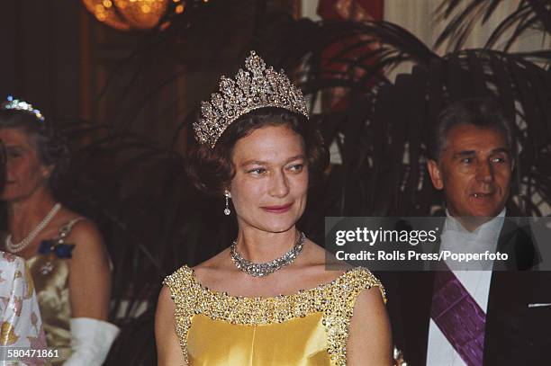 Princess Josephine Charlotte of Belgium, consort of Jean, Grand Duke of Luxembourg pictured wearing a jewelled tiara and necklace at a formal evening...