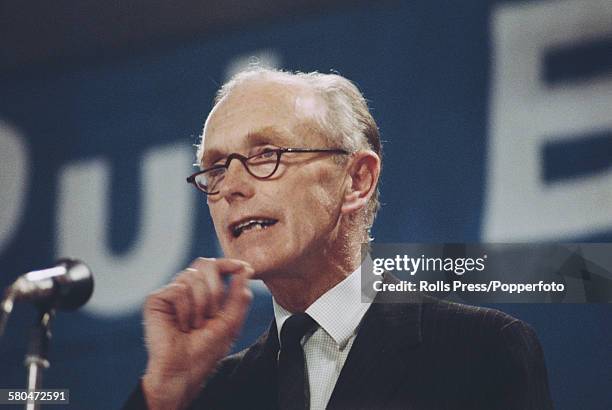 British Conservative Party politician and former Prime Minister of the United Kingdom, Alec Douglas-Home speaks from the platform at the Tory Party...