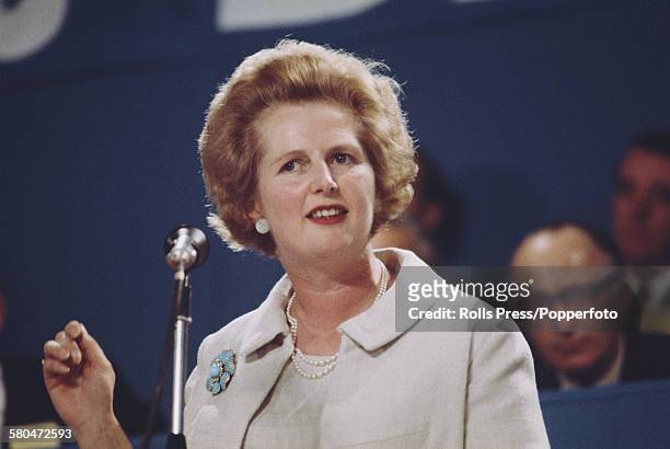 British Conservative Party politician and Shadow Secretary of State for Education and Science, Margaret Thatcher speaks from the platform at the Tory...