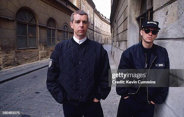 Singer Neil Tennant and keyboard player Chris Lowe of electronic pop duo the Pet Shop Boys, Prague, May 1991.