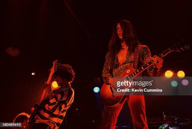 Phil Lynott and Scott Gorham performing with Irish rock group Thin Lizzy at Belle Vue, Manchester, 18th June 1978.