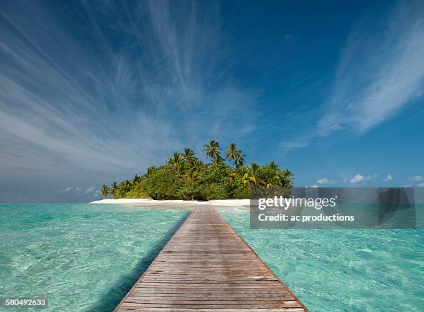 wooden dock walkway to tropical island - island foto e immagini stock