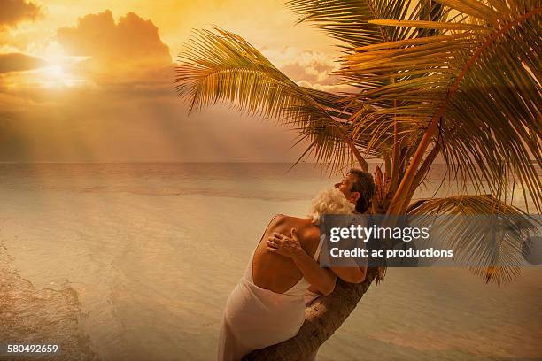 older caucasian couple hugging on palm tree at beach - vilamendhoo stock-fotos und bilder