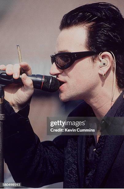 Singer Bono of Irish rock group U2 at a soundcheck, circa 1992.