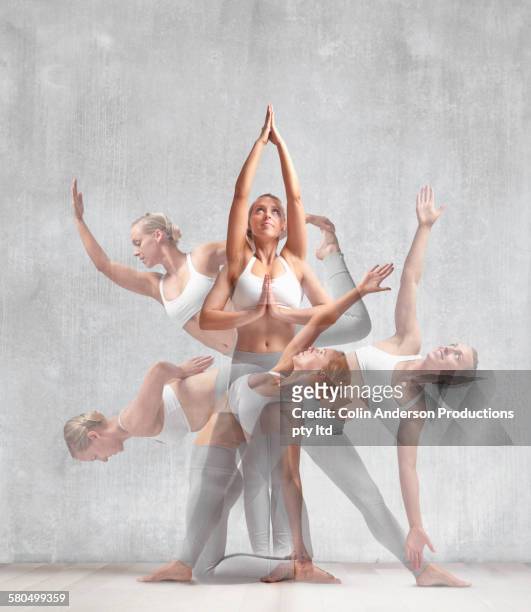 multiple exposures of caucasian woman practicing yoga in studio - multiple exposure sport stock pictures, royalty-free photos & images