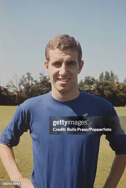 English professional footballer and striker with Chelsea Football Club, Peter Osgood posed at Chelsea's training ground at the start of the 1966-67...