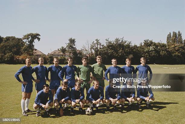 Chelsea Football Club squad players posed together at the start of the 1966-1967 season at Chelsea's training ground in August 1966. Back row from...
