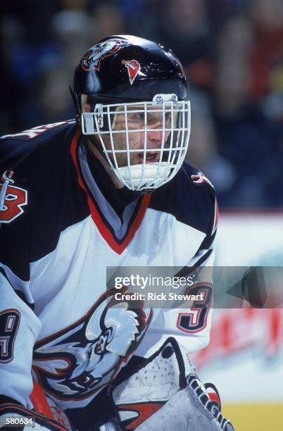 Dominik Hasek of the Buffalo Sabres looks on during the game against the Tampa Bay Lightning at the HSBC Arena in Buffalo, New York. The Sabres...