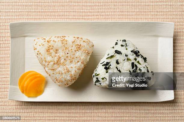 rice balls and japanease pickles - rice ball stock pictures, royalty-free photos & images