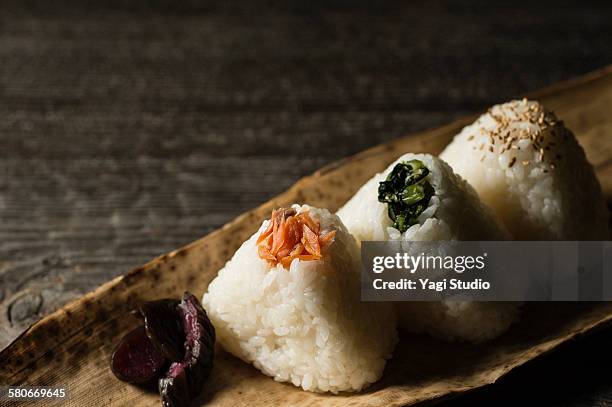 rice balls and japanease pickles - rice ball stock pictures, royalty-free photos & images