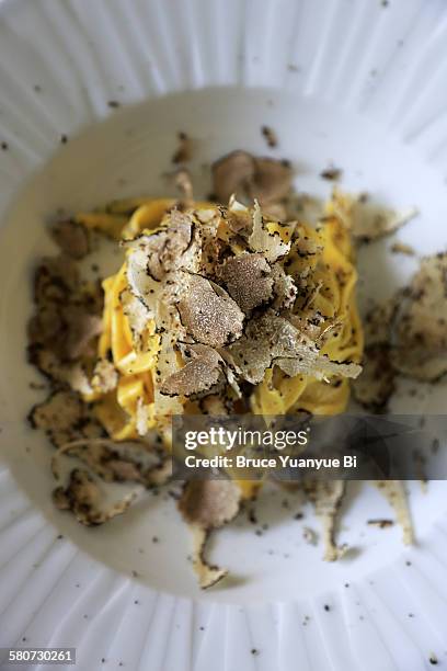 a dish of egg pasta with truffle - cibo italiano foto e immagini stock