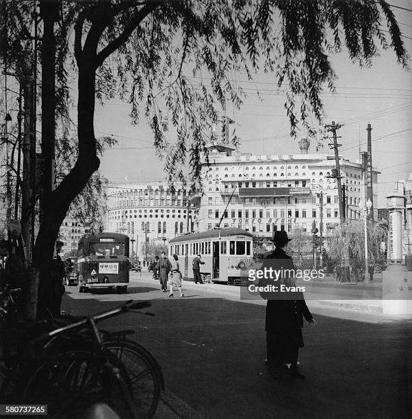 The headquarters of the Asahi Shimbun national newspaper in Tokyo, Japan, circa 1955.