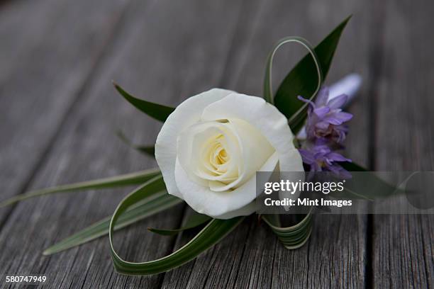 a boutonniere, button hole flower, white rose. - corsage imagens e fotografias de stock