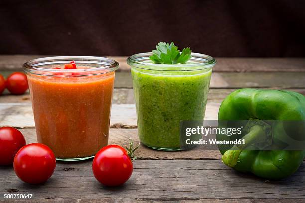 red and green gazpacho - gazpacho stock pictures, royalty-free photos & images