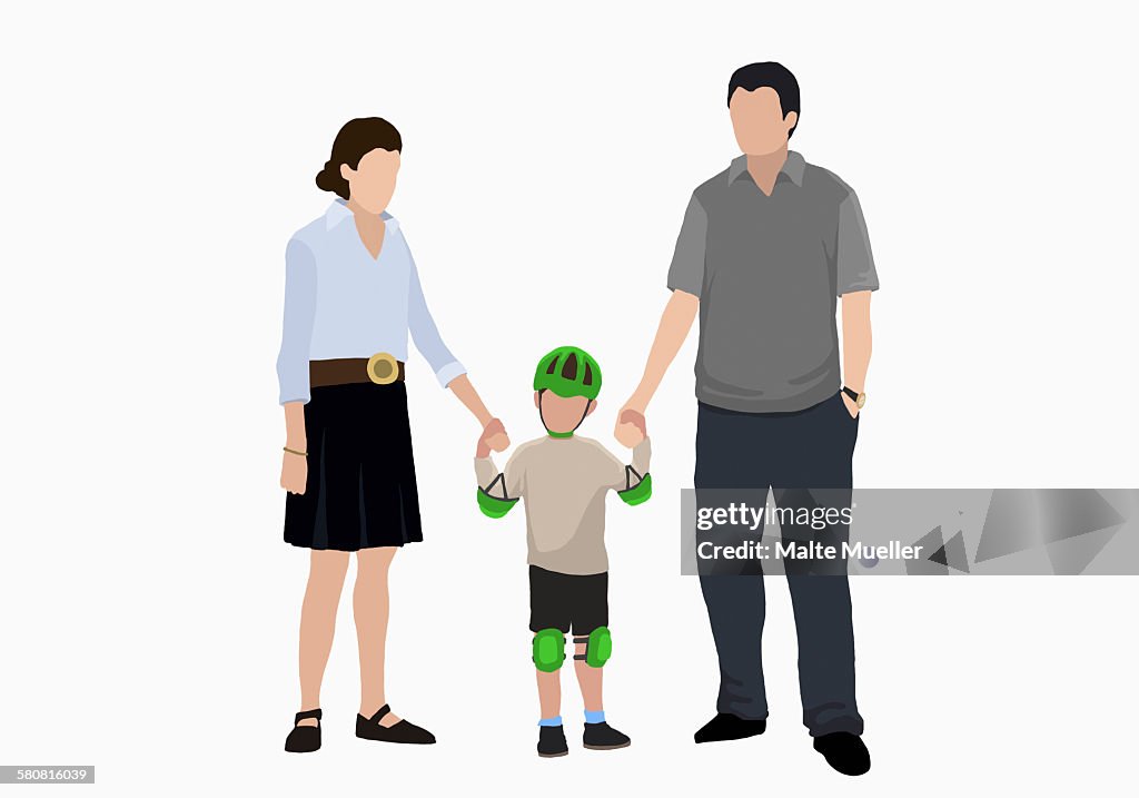 Illustrative image of boy in sportswear holding hands of parents over white background