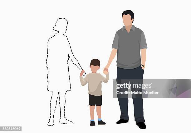 illustrative image of family holding hands of missing mother over white background - missing persons stock illustrations