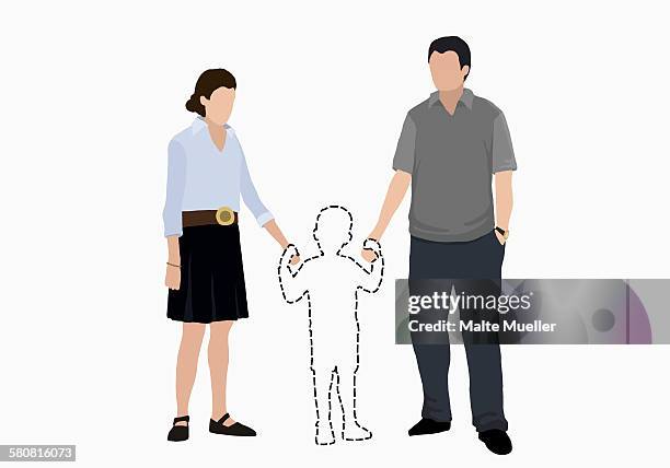 stockillustraties, clipart, cartoons en iconen met illustrative image of parents holding hands of missing son over white background - two parents