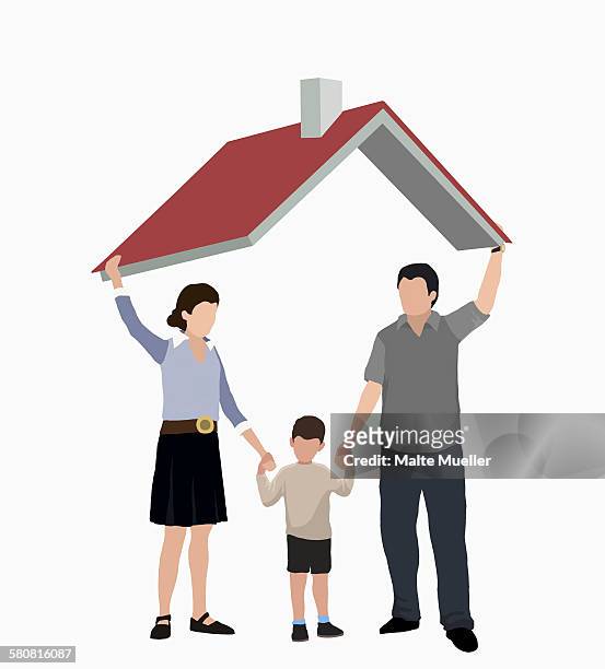 stockillustraties, clipart, cartoons en iconen met illustrative image of parents with son standing under roof representing home ownership - two parents