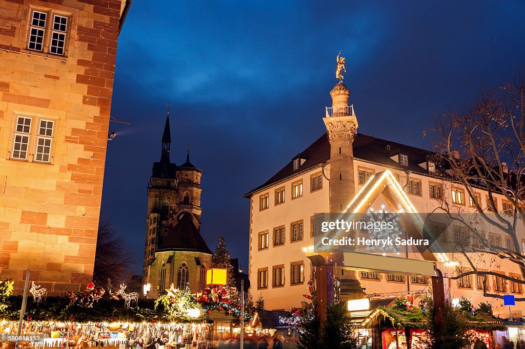 Germany, Baden-Wurttemberg, Stuttgart, Christmas market at night