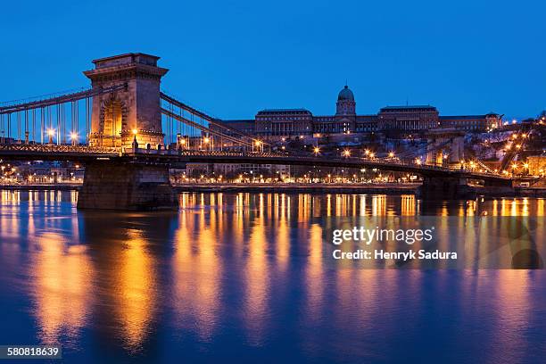 hungary, budapest, illuminated chain bridge and buda skyline - budapest skyline stock pictures, royalty-free photos & images