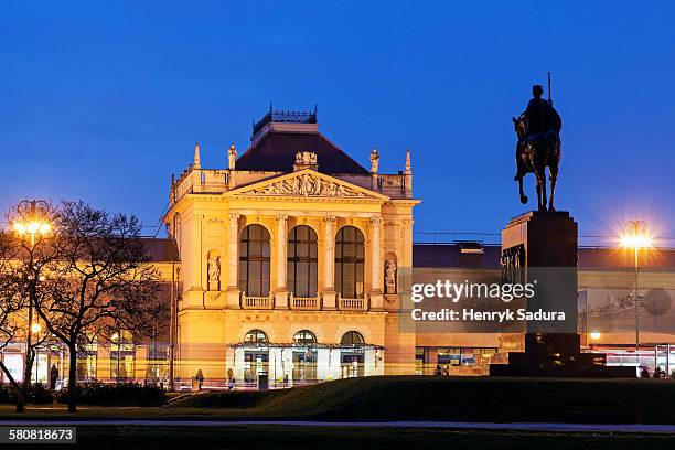 croatia, zagreb, king tomislav square, illuminated building of main railway station - zagreb street stock pictures, royalty-free photos & images