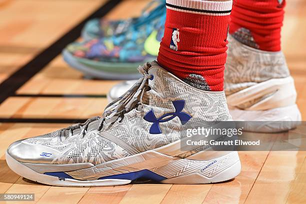 The sneakers of Jake Layman of the Portland Trail Blazers during the game against the Utah Jazz during the 2016 NBA Las Vegas Summer League on July...