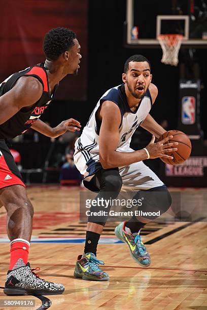 Trey Lyles of the Utah Jazz handles the ball against the Portland Trail Blazers during the 2016 NBA Las Vegas Summer League on July 12, 2016 at The...