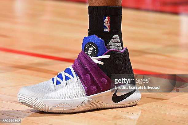 The sneakers of Tyrone Wallace of the Utah Jazz during the game against the Portland Trail Blazers during the 2016 NBA Las Vegas Summer League on...
