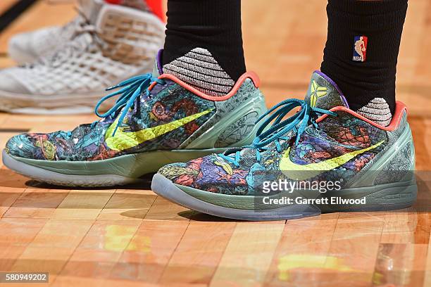 The sneakers of Trey Lyles of the Utah Jazz during the game against the Portland Trail Blazers during the 2016 NBA Las Vegas Summer League on July...