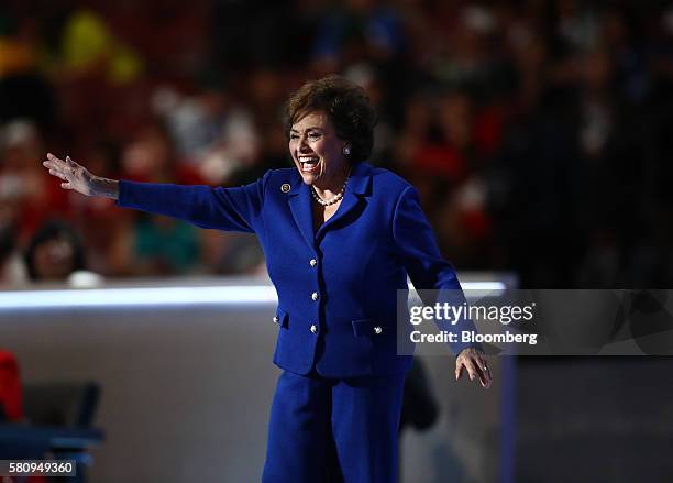 Representative Nita Lowey, a Democrat from New York, waves while arriving on stage during the Democratic National Convention in Philadelphia,...