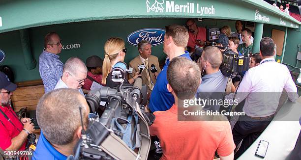 Dave Dombrowski the President of Baseball Operations of the Boston Red Sox talks to the media before a game against the Detroit Tigers at Fenway Park...