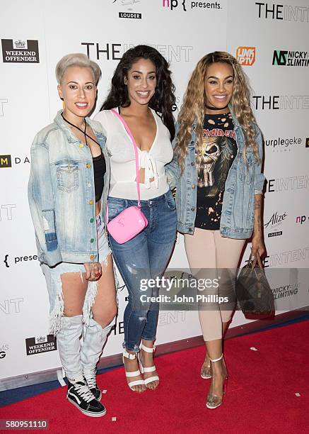 Courtney Rumbold, Alexandra Buggs and Karis Anderson of Stooshe arrive for the film premiere of "The Intent" at Cineworld Haymarket on July 25, 2016...