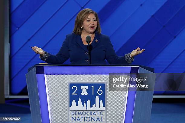 Rep. Linda Sánchez of the Congressional Hispanic Caucus, delivers remarks on the first day of the Democratic National Convention at the Wells Fargo...