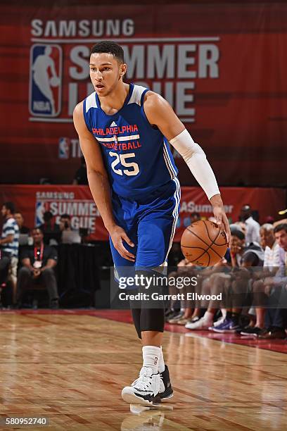 Ben Simmons of the Philadelphia 76ers handles the ball against the Golden State Warriors during the 2016 NBA Las Vegas Summer League on July 12, 2016...