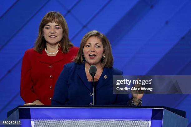 Rep. Linda Sánchez of the Congressional Hispanic Caucus, delivers remarks on the first day of the Democratic National Convention at the Wells Fargo...