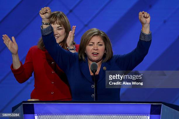 Rep. Linda Sánchez of the Congressional Hispanic Caucus, delivers remarks on the first day of the Democratic National Convention at the Wells Fargo...