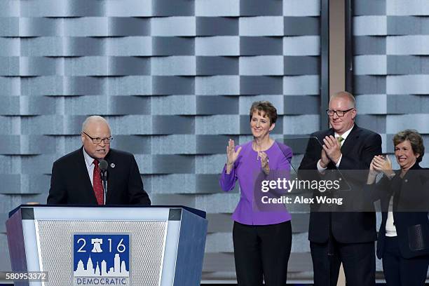 Lee Saunders, president of the American Federation of State, County and Municipal Employees, delivers remarks on the first day of the Democratic...