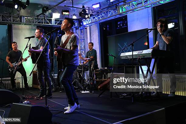 Musicians Chris Culos, Jerry DePizzo, Marc Roberge, Benj Gershman, Richard On and Mikel Paris of band O.A.R. Perform at AOL Build Presents O.A.R. At...