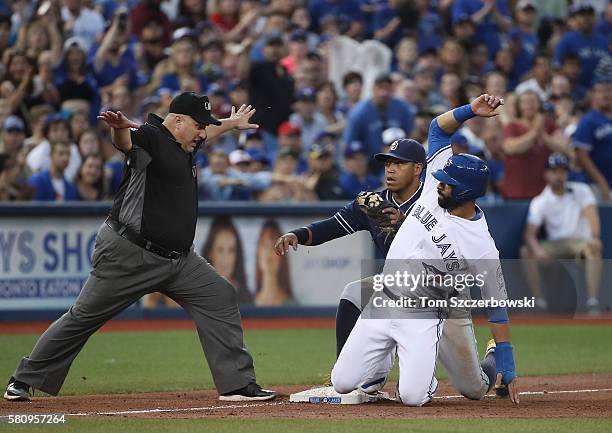 Jose Bautista of the Toronto Blue Jays slides safely into third base as he advances on an RBI single by Josh Donaldson in the fifth inning during MLB...