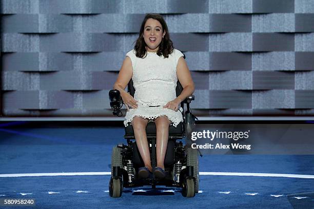 Anastasia Somoza, an international disability rights advocate, delivers remarks on the first day of the Democratic National Convention at the Wells...