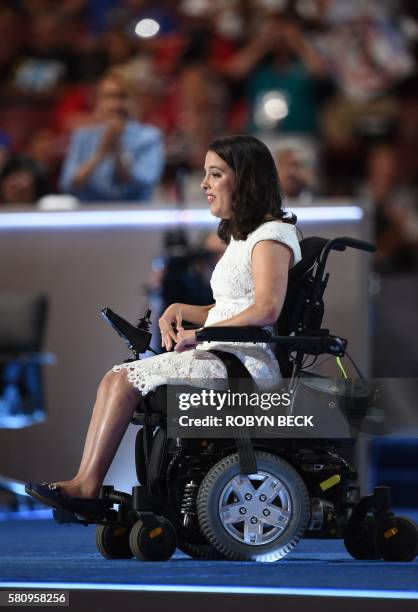 Anastasia Somoza addresses delegates during Day 1 of the Democratic National Convention at the Wells Fargo Center in Philadelphia, Pennsylvania, July...