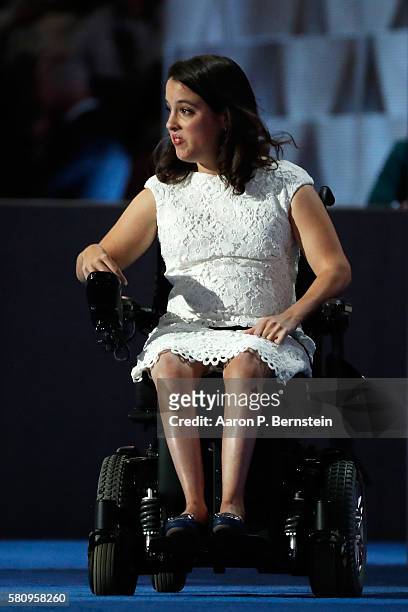 Anastasia Somoza, an international disability rights advocate, arrives on stage to deliver remarks on the first day of the Democratic National...