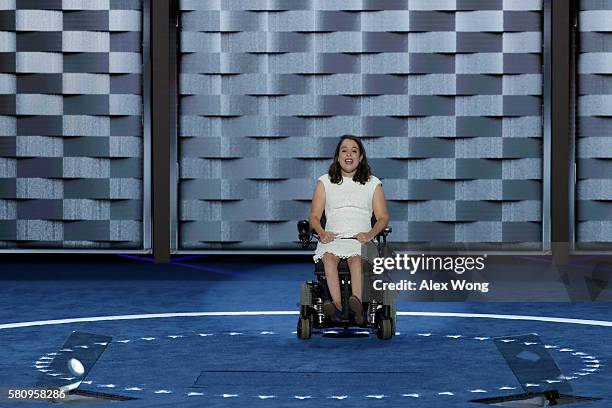 Anastasia Somoza, an international disability rights advocate, delivers remarks on the first day of the Democratic National Convention at the Wells...