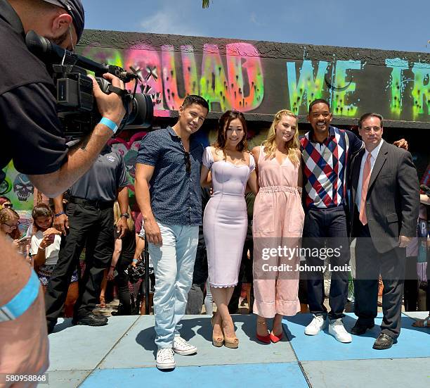 Jay Hernandez, Karen Fukuhara, Margot Robbie and Will Smith attend the 'Suicide Squad' Wynwood Block Party and Mural Reveal with cast on July 25,...